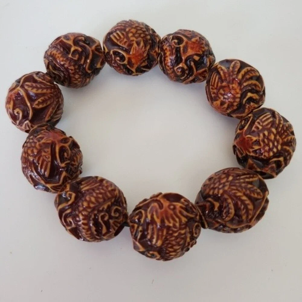Simulated Wood carved brown stretch  beaded bracelet  7 inch Tribal Halloween *